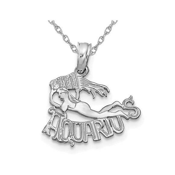 14K White Gold Aquarius Charm Astrology Zodiac Pendant Necklace with Chain